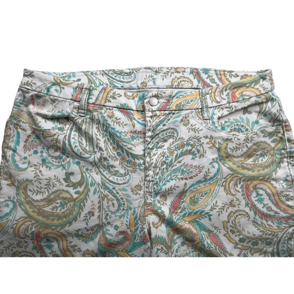 Chicos Girlfriend Slim Leg Ankle 2.5 Paisley Print Pants White Teal Gold Pink 12